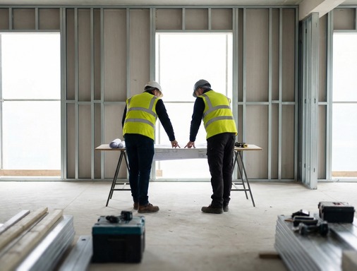 On-site coordination moment with drawings beside installed steel framing