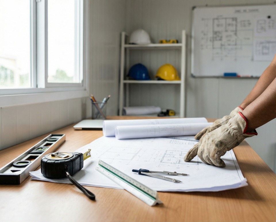 Site delivery planning scene with drawings and setting out tools