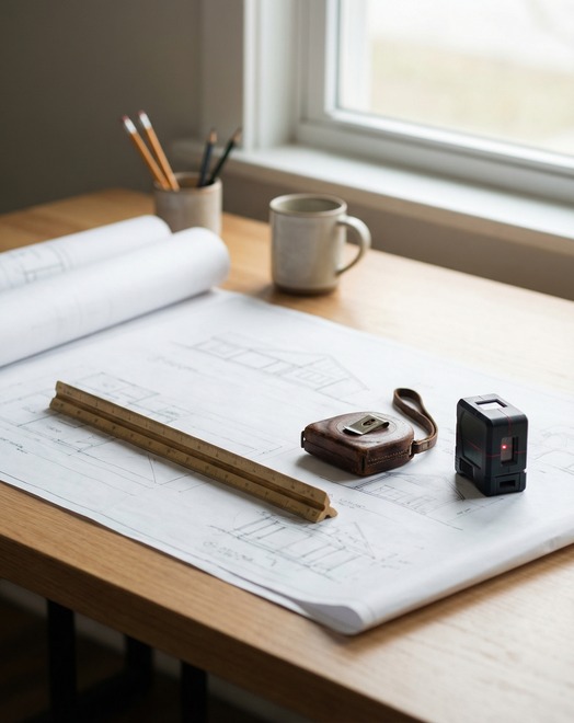 Construction drawings and setting out tools laid out for planning and coordination