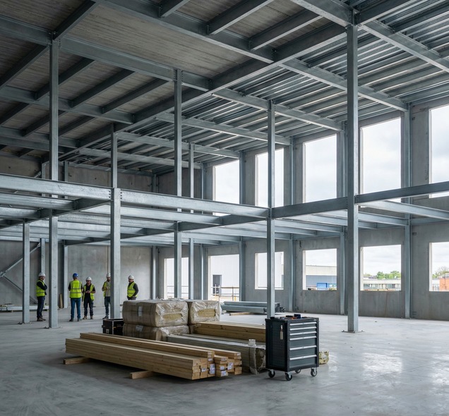 Wide construction scene showing steel framing and follow-on trade readiness