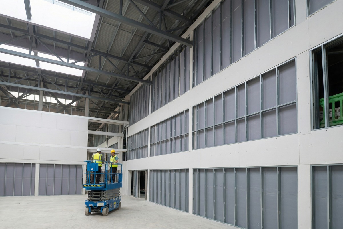 Metal stud partitions and dry lining installation on site