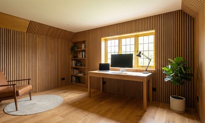 Interior detail of an insulated garden room with clean lining and joinery