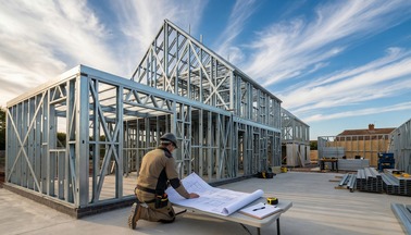 Site team measuring and setting out steel framing lines